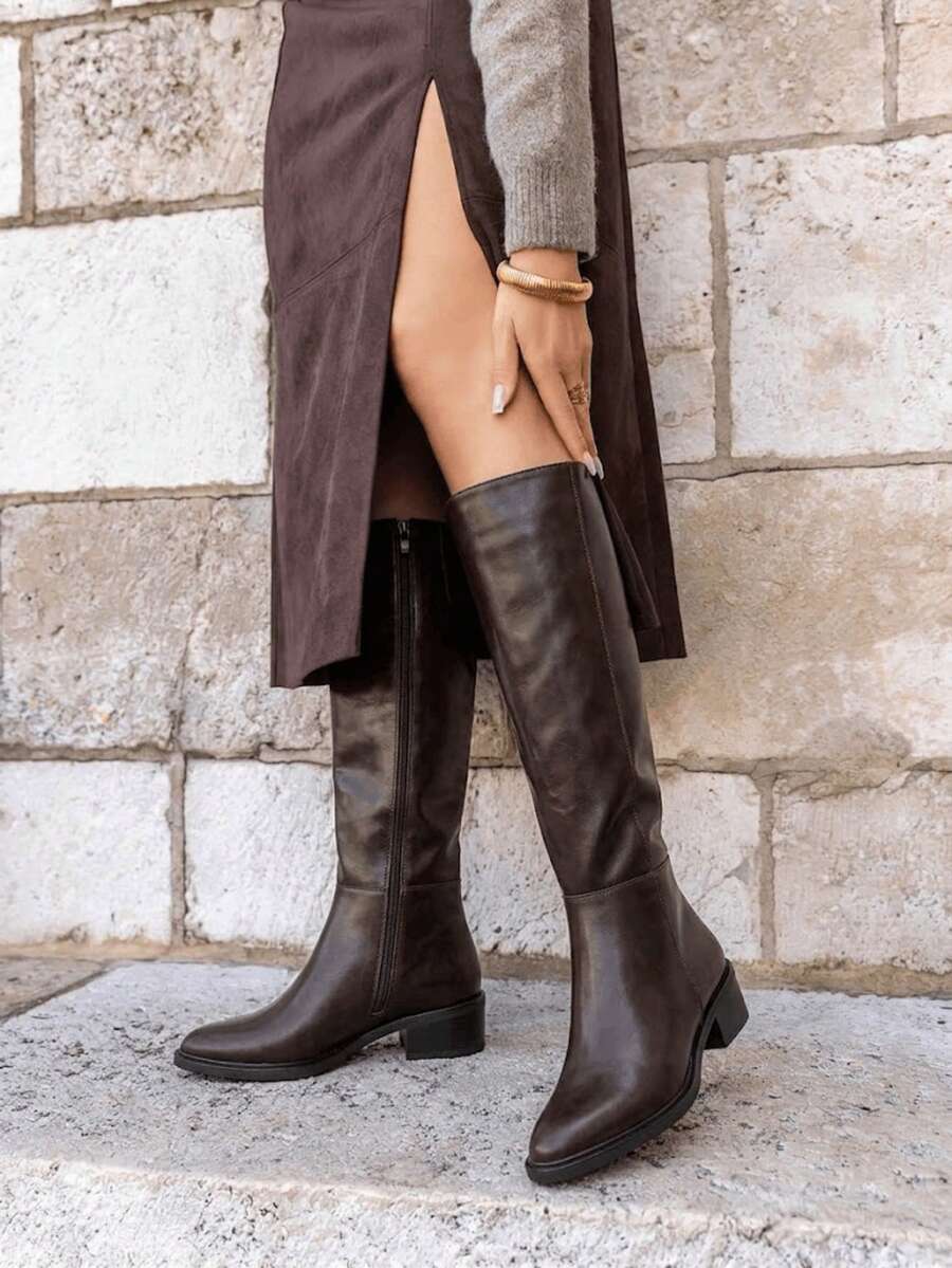 Women's Classic Pointed Toe Knee High Riding Boots Low Block Heel Side Zipper Long Boots - Brown 6502 - View 1