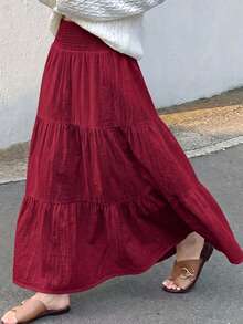 Women's Plus Size Burgundy Layered Skirt, Autumn Long Woven Fabric Skirt, Flowy Ruffle Design, Slightly Elastic, Comfortable To Wear - Red - View 3