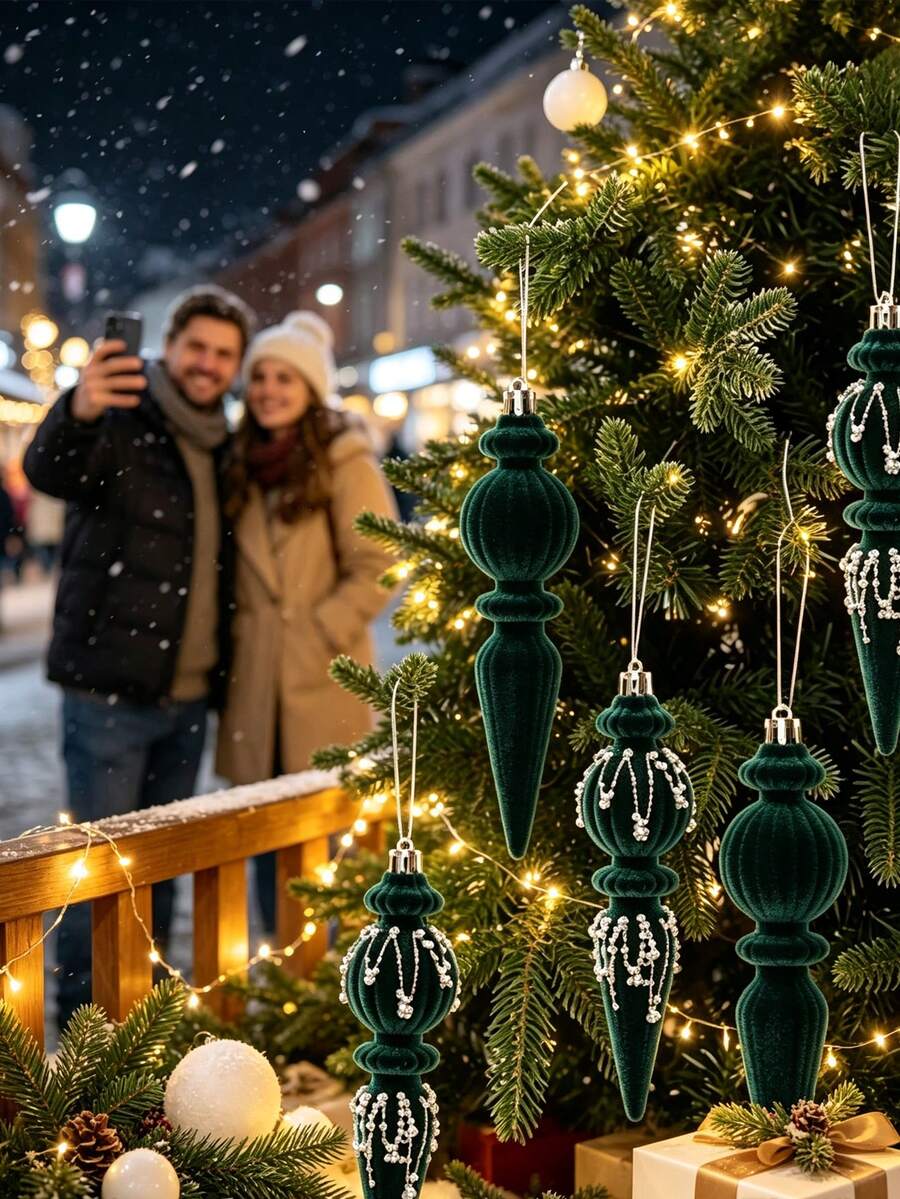 6/12pcs Deep Green Velvet Christmas Balls, Soft & Luxurious Texture, Can Be Directly Hung To Decorate Christmas Tree, Suitable For Christmas, Wedding, Holiday Home Decor, Easily Create Vintage Atmosphere - A - View 1