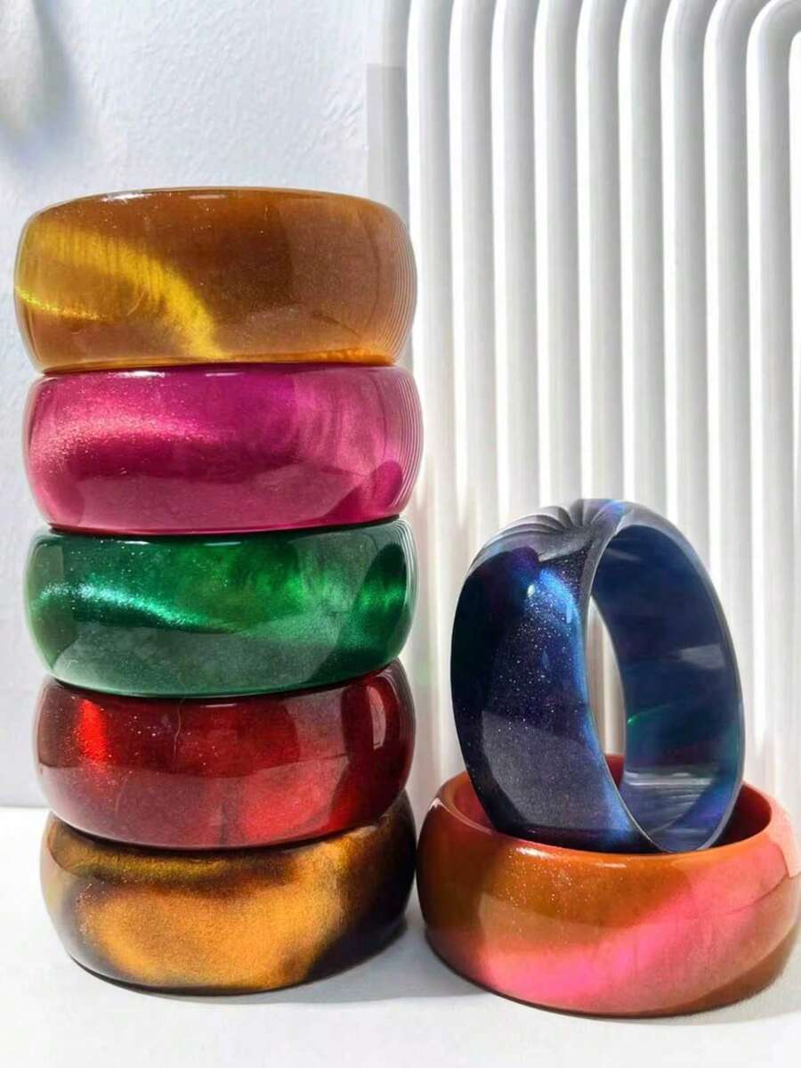 European & American Style Exaggerated Wide Resin Bracelet, Pearlescent Iridescent Marbled Texture Square & Round Vintage Accessory Bangle - Multicolor a - View 1