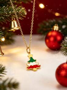 MONALLY 18K Gold Plated Stainless Steel Enamel Christmas Tree Necklace For Women, Colorful Xmas Tree Pendant, Christmas Holiday Jewelry Gift For Her - Christmas Tree - View 4