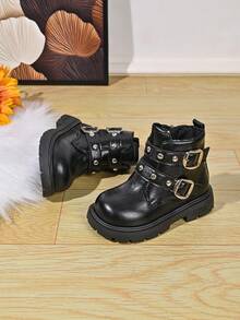 Girls' Autumn/Winter Rivet Buckle Ankle Boots With Side Zipper, Thick Sole, Anti-Slip, Casual Boots For Toddlers - Black - View 4