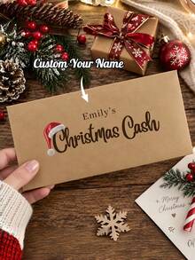 1pc Personalized Christmas Cash Envelope, Custom Name Kraft Paper Money Holder With Santa Hat Design, 22.0 X 11.0 Cm Holiday Cash Gift Envelope For Family, Friends, Stocking Stuffers And Christmas Gifting ﻿ - Multicolor - View 1