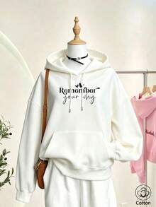 Ledig sweatshirt för dam med rund hals, svart långärmad sweatshirt med konstnärligt boktryck - Vitt - Visa 3