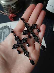 1 Pair European & American Retro Gothic Texture Cross & Waterdrop Glass Crystal Dangle Earrings For Women, Daily Wear - Black - View 1
