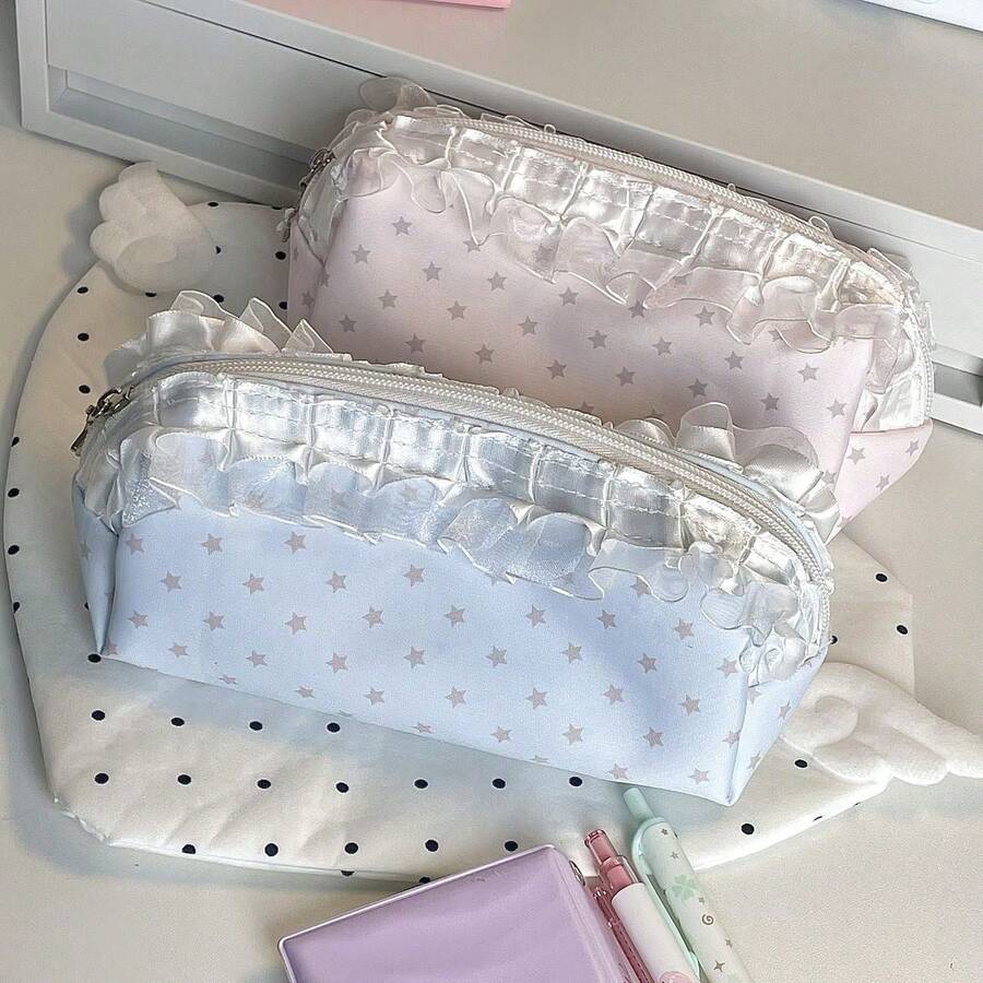 1pc Light Blue & Light Pink Star Print Fabric Pencil Case, Dreamy Lace Ruffle Zipper Design, Elegant Ballet Theme Pencil Pouch, Exquisite Design, Girly Pencil Bag, Suitable For Students, Classroom, Study Desk Storage, Can Store Neutral Pens, Rulers, Erasers, Miscellaneous Items, Portable Storage Bag, Also Suitable As A Practical Makeup Bag, Meets Both Student Daily Use And Everyday Life Needs - Multicolor - View 1