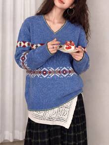 Women's Vintage Blue Jacquard Knit Pullover, Long Sleeve Regular Fit V-Neck Sweater, Winter Bohemian Style Essential - Blue - View 1