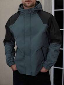 Plus Size Men's Solid Color Patchwork Front Zip Long Sleeve Casual Hooded Jacket - Dark Green - View 1