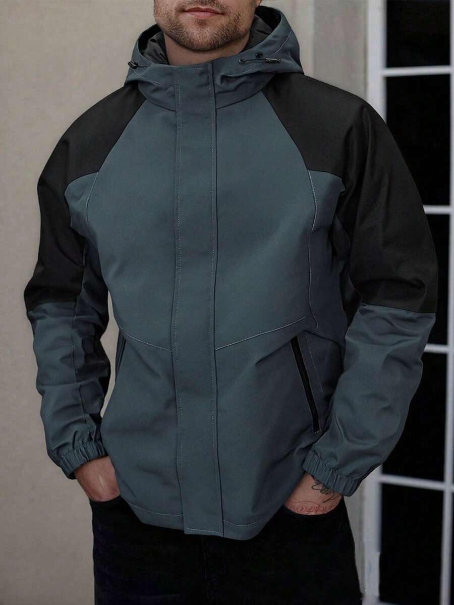 Plus Size Men's Solid Color Patchwork Front Zip Long Sleeve Casual Hooded Jacket - Dark Green - View 1