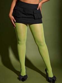 1 Pair Opaque Neon Green Solid Color Tights, High Waist High Elasticity Leggings, Women's Comfortable Basic Fitted Pants - Green - View 9