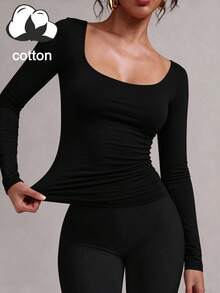 Women's Soft Pure Cotton Long Sleeve Crew Neck T-Shirt, Regular Fit, Comfortable For Daily Wear And Layering - Black - View 2