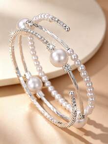 NAIZHU 1pc Children's Fashion Sweet Adjustable Faux Pearl Rhinestone Multi-Layer Bracelet, Suitable For Daily Wear, Party, Gift - Silver - View 6