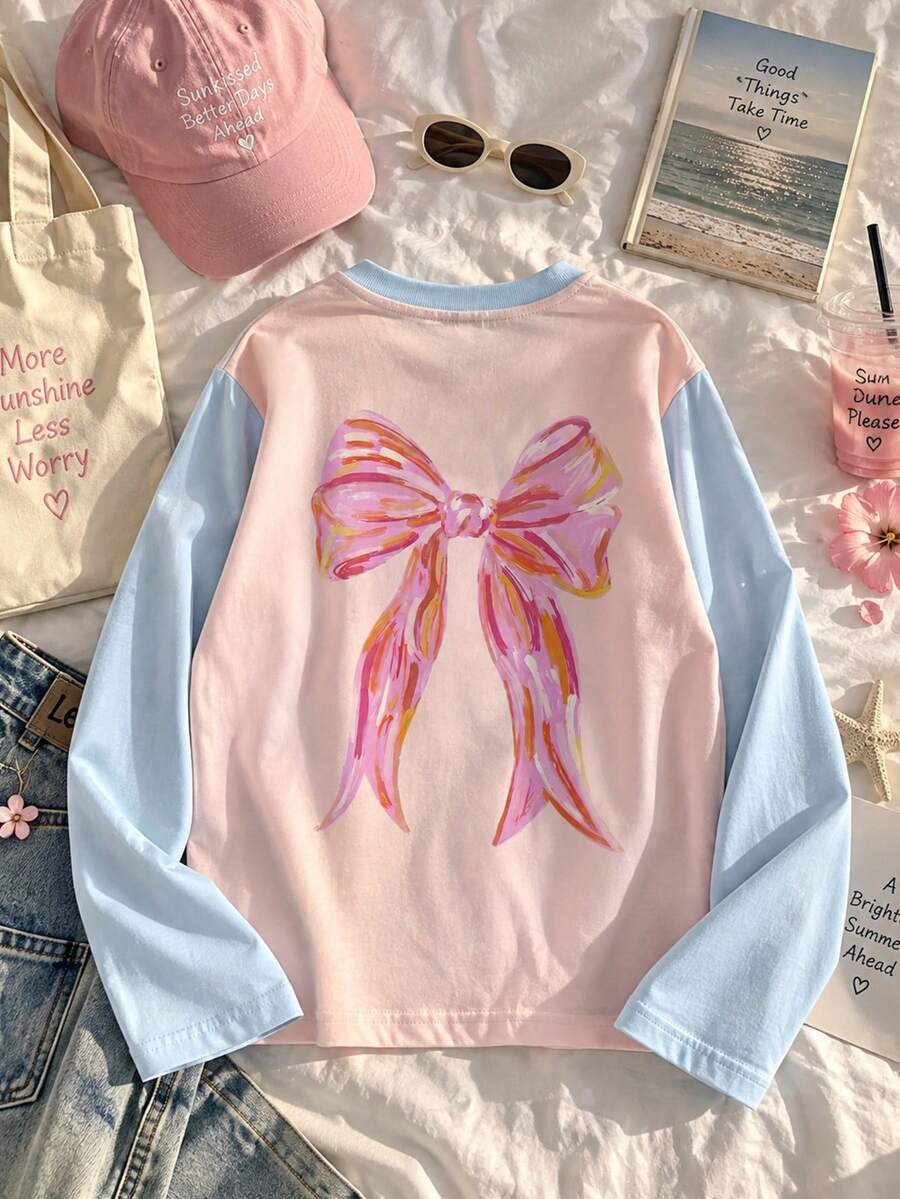 Tween Girl 1pc Printed Patchwork Contrast Color Long Sleeve T-Shirt, Suitable For Girls' Autumn/Winter Tops, Young Students Children's Clothing, Suitable For Outerwear And Layering - Pink - View 1