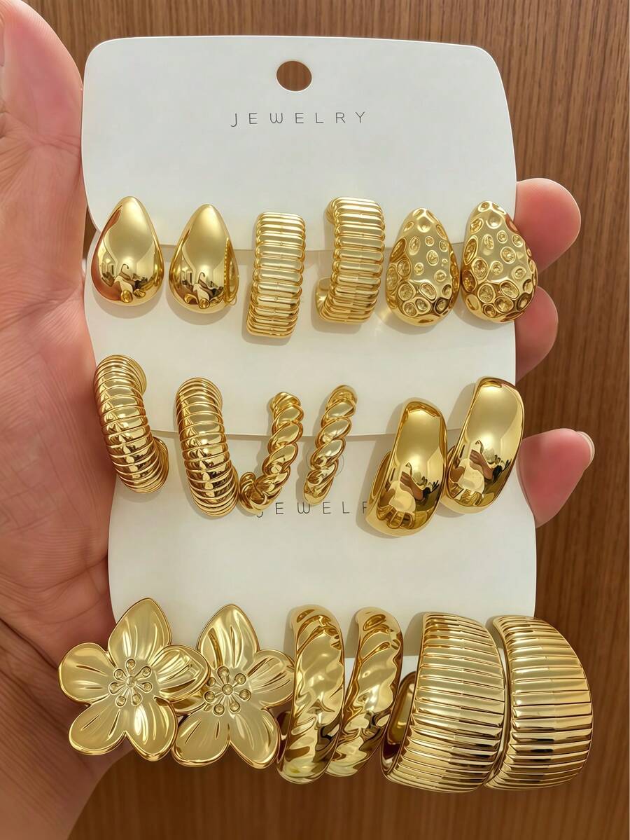 6-18pcs Gold Vintage Earring Set, Water Drop Flower Spiral C-Hoop Exaggerated Large Earrings, European And American Style Versatile Accessories For Commute And Date - Gold - View 1