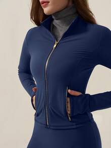 TimeOff Women's One Set Autumn/Winter Solid Color Stand Collar Zipper Pocket Cuff Thumb Hole Jacket And Straight Leg Pants Sports Suit - Navy Blue - View 5