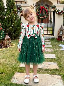 Girls' Long Sleeve Digital Print Dress With Bow & Mesh Patchwork, & Cute Dress For Christmas Party - أخضر - مشاهدة 3