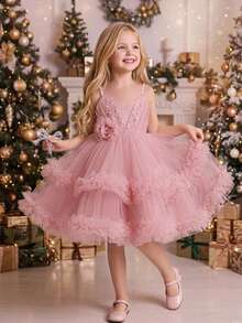 Young Girl Spaghetti Strap Beaded Lace Mesh Elegant Piano Ball Puff Princess Dress Suitable For Flower Girl Wedding Banquet Party Christmas Dress, Faux Pearl Randomly Studded - Dusty Pink - View 3