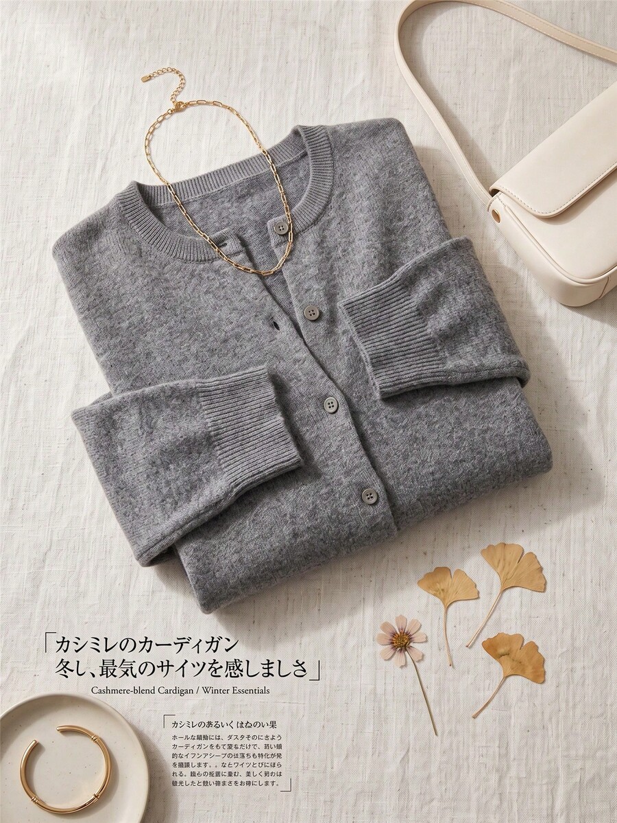 Women's Gray Casual Cardigan Round Neck Single-Breasted Knit Sweater,Fall/Winter,School,Teacher Work Tops,Office Wear,Basic Tops,Button Up - Dark Grey - View 1