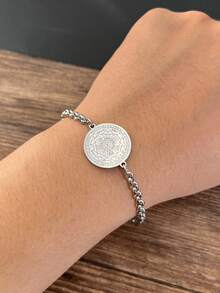 Retro Stylish Stainless Steel Bracelet For Men, Round Tag With Geometric Engraving, Daily Wear & Gift Jewelry - Silver - View 5