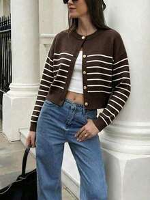 FOR BEAUTY Y2K Women's Knitted Top, Elegant Luxury Brown Striped Cardigan, Gold Button Sweater Fall - Coffee Brown - View 3