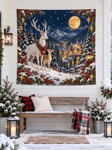 1PC Moonlit Reindeer Christmas Village Horizontal Wall Tapestry, Snowy Forest Deer Holiday Wall Hanging, Faux Ultra-Soft Polyester Single-Sided Print For Living Room Bedroom Decor, Multiple Sizes - Multicolor - View 5