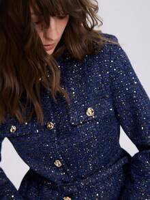 Women's Long Sleeve Metal Button Design Elegant Belted Tweed Jacket Fall - Blue - View 6