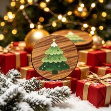 4pcs Wooden Christmas Tree Coasters, Round Wooden Coasters, Hand-Painted Christmas Tree Pattern, Suitable For Coffee Cups And Tea Cups, Winter Holiday Table Decoration, Perfect Gift For Christmas And Housewarming, Suitable For Home Kitchen, Dining Table And Bar - Multicolor - View 4