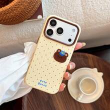 GUCADI Cute Embroidered Bear Pattern Phone Case Compatible With Apple 18pm, 17 And 14 Series, Designed For 15, Featuring Korean-Style Stripes And Polka Dot Patterns, Made Of Soft Material, Creative And Cute Design Blending Geometric Elements, Minimalism And Cartoon Style, And Fashionable, Perfect For Those Seeking A Unique Look Suitable For Sharing On Social Media - Mango Yellow - View 2