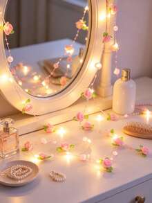 200cm/78.74in LED Pink Pearl String Lights | Pink Rose Design With Green Leaves, Suitable For Valentine's Day, Office Decor, Room Decor, Party, Wedding, Gift And Graduation Ceremony Decoration - Battery Not Included - Green Leaf Rose - View 7