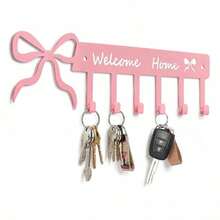1pc Pink Bow Welcome Home Key Hook, Wall-Mounted Pink Bathroom Decor Cute Bow Towel Hook, Sweet Style Welcome Home Sign Key Rack, Wall-Mounted 6-Hook Coat Rack, Suitable For Bedroom, Kitchen, Entryway - Multicolor - View 7