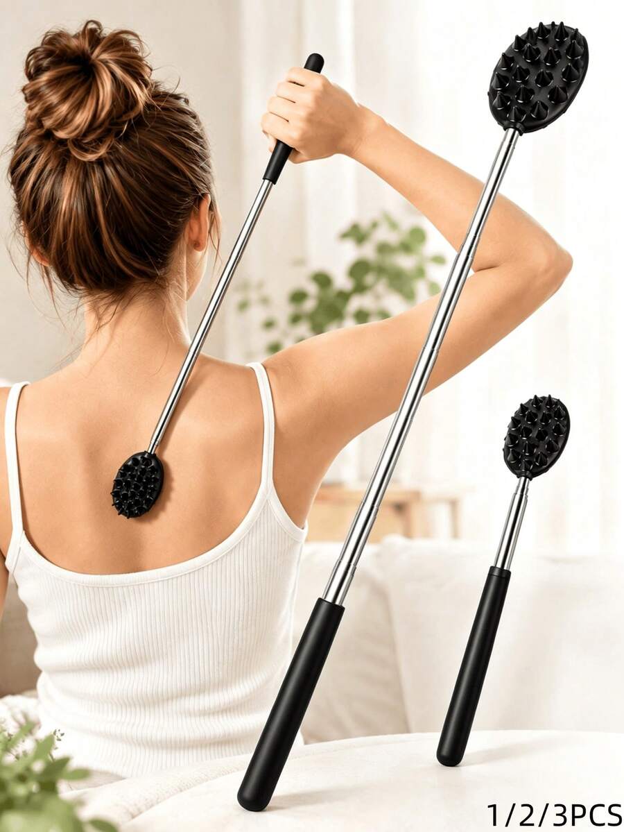 1pc Extendable Back Scratcher With Massage Head, Anti-Slip Rubber Handle Portable Body Massager, Suitable For Home And Travel, Easy To Carry, Great Gift, Household Essential. 1/2/3Pcs