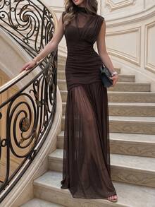Yepolly-Pop Autumn Stand Collar Sleeveless Hollow Mesh Patchwork Pleated A-Line Dress, Suitable For Dining, Graduation Party, Holiday Events - Coffee Brown - View 4