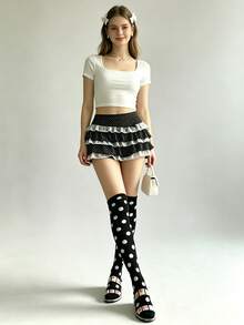 1 Pair Vintage Y2K Sweet & Cool Style Polka Dot Print Elastic Solid Color Knee-High Socks For Women, Daily Party Outfit - Black - View 5