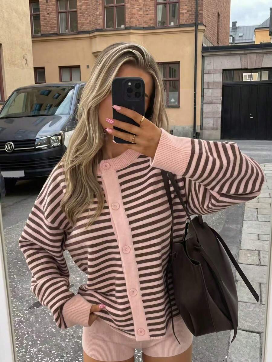 Women's Autumn/Winter New Fashion Casual Retro Loose Colorblock Striped Button Knit Cardigan Y2K, Vacation, Pink, Brown, Casual Blouse For Women, Tops For Going Out, Vintage, Striped, Back To School, Basic Tops - Pink/Coffee White - View 1