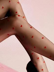 1 Pair Women's High Waist Heart Pattern Pantyhose, Sexy Ultra-Thin Red Heart Design, Elastic Polyester Knit Fabric, Fashionable Versatile Daily Wear - Multicolor - View 4
