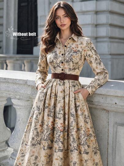 Mokiwe Women's Autumn Elegant Vintage Print Shirt Dress, 3/4 Sleeve, Pleated, With Pockets, Elegant Minimalist Summer Outfit, Suitable For Summer Outings, Back To School, Dates, Parties, Wedding Guest, Holidays, Birthday Parties, Office Commute Without Belt