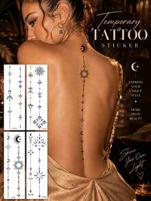 4Pcs Minimalist Line Sun Moon Star Geometric Long Temporary Tattoo Stickers Set, Waterproof And Long Lasting, Body Stickers For Collarbone, Arm, Back, Chest And Thigh For Women, Lasts 2-5 Days - Black - View 3