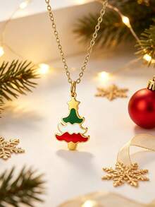 MONALLY 18K Gold Plated Stainless Steel Enamel Christmas Tree Necklace For Women, Colorful Xmas Tree Pendant, Christmas Holiday Jewelry Gift For Her - Christmas Tree - View 2