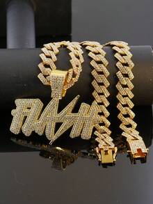 European & American Hip Hop FLASH Letter Pendant Cuban Chain Men's Necklace, Full Rhinestone Shiny Personalized Street Style Rap Party Collarbone Chain Fashion Jewelry - FLASH - View 10