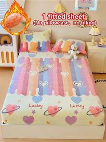1pc Thick Soft Breathable Snowflake Flannel Print Fitted Mattress Cover (Single Fitted Sheet), Instant Warmth Moisture-Wicking Breathable, Anti-Slip Mattress Cover, Easy To Remove And Machine Washable, Suitable For All Seasons, Perfect For Bedroom Decor - Rainbow Heart - View 3