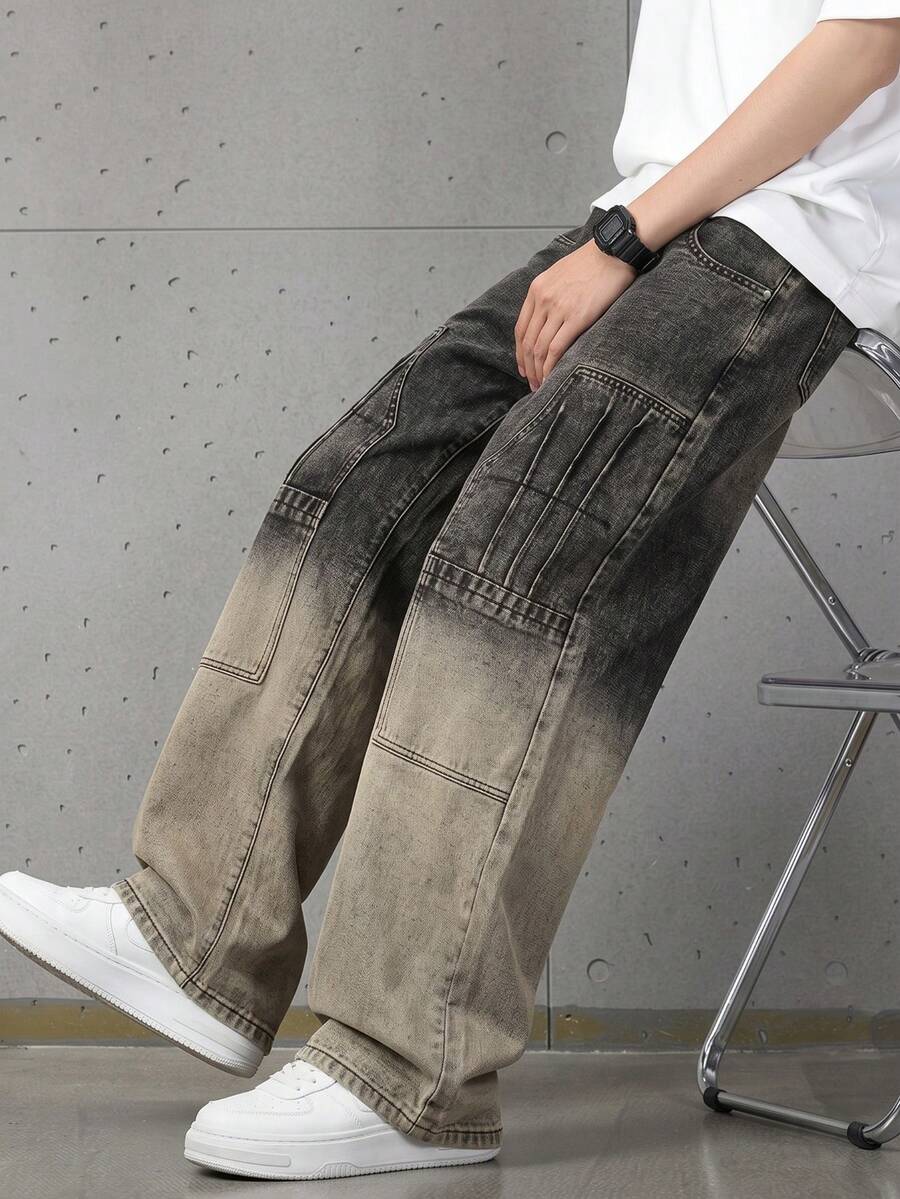 European & American Men's Vintage Retro Blue Trim Decorated Multi-Craft Mixed Style Loose Straight Leg Denim Jeans - Mocha Brown - View 1