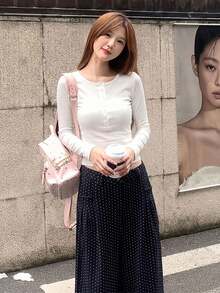 韓式甜辣風粉色女款長袖T恤 秋冬半開領修身顯瘦內搭打底上衣 - 白色 - 查看 2