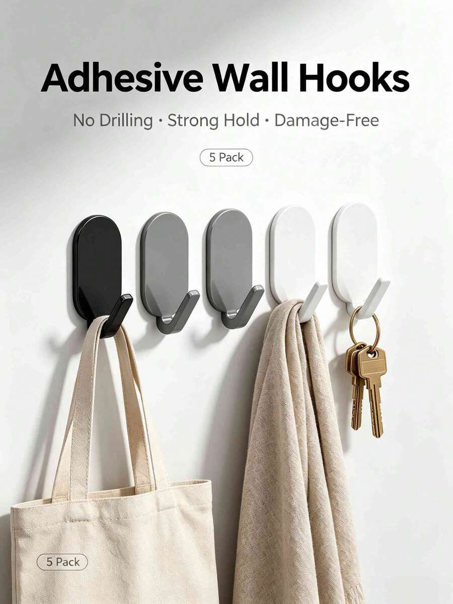 1pc/5pcs Heavy Duty Strong Adhesive Hooks, No Drilling Wall Hooks, Suitable For Kitchen, Bathroom, Bedroom, Door Storage, Non-Damaging, Damage Free, Strong Adhesion, Home Storage Hooks - View 1