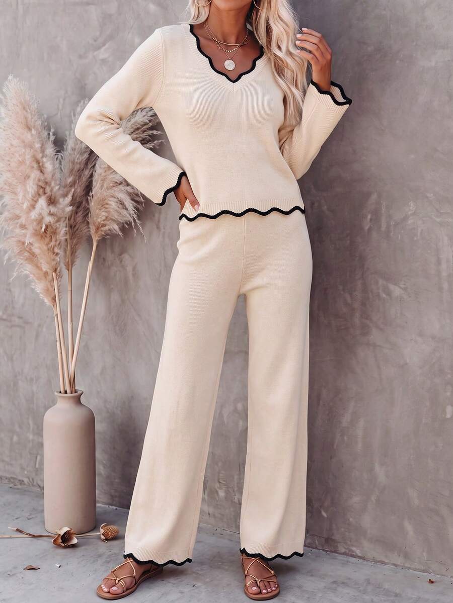 Women's Fashion Light Apricot Sweater Set, Contrast Trim Design, Casual Long Sleeve Sweater With Wide Leg Sweater Pants, Winter Outfit - Light Apricot - View 1