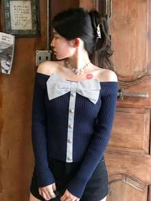 Sweet Y2K Striped Bow Off Shoulder Rib Knit Top,Women Long Sleeve Slim Sweater For Summer Vacation Mother's Day Casual Party - Navy - View 4