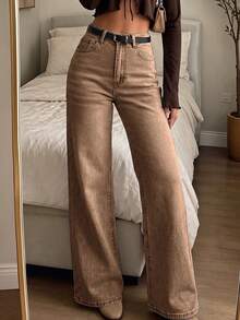 High Waist Washed Stretch Straight Leg Jeans, Casual Comfortable Daily Wear - Brown - View 2