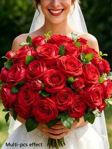 40pcs Artificial Rose Bouquet, Silk Faux Flowers, Realistic Long Stem Rose Bouquet, Suitable For Wedding Decor, Bridal Shower Centerpiece, Floral Arrangement, Party Home Dining Table Decor, Birthday Decor, Wedding Decor, Christmas Decor, Valentine's Day, Christmas, Thanksgiving Decor, Birthday Gift, Anniversary Decor. - Red - View 8