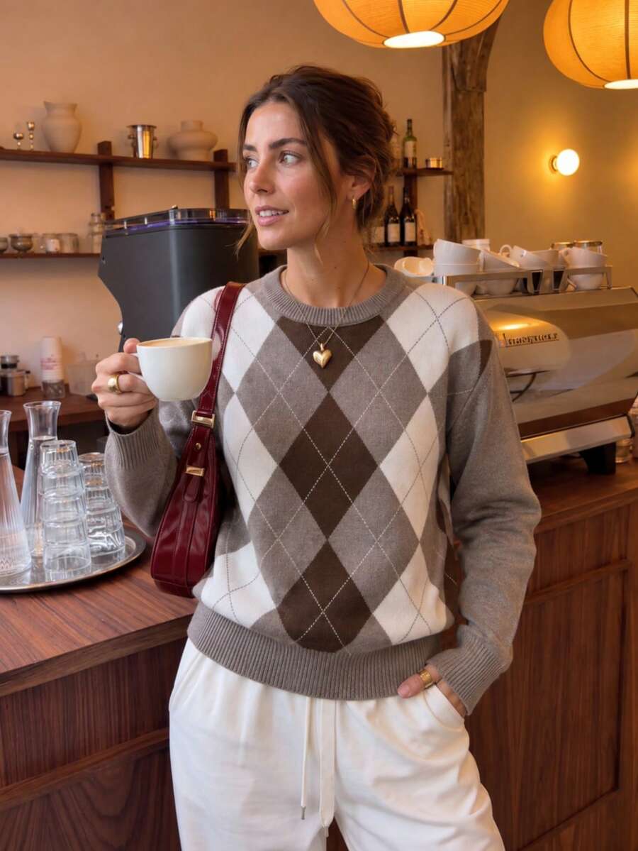 Women's Diamond Pattern Round Neck Knit Sweater, Preppy Vintage Back To School Style, Loose Fit Top For Autumn/Winter Fall - Light Grey - View 1