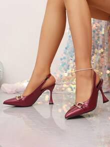 1 Pair Hot Red Pointed Toe High Heel Shoes, Shiny PU Material, Metal Horse Bit Buckle Decor, Closed Toe Back Strap Slip-On Design, Luxury Party Style, Suitable For Dating, Evening Dinner, Party, Daily Commute, Travel And Outdoor Wear - Rouge Casaque - View 3