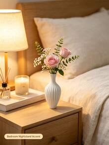 White Ribbed Plastic Flower Vase, Nordic Fluted Vase, Unbreakable Decorative Table Vase For Office Desk, Dining Table Centerpiece, Living Room Home Decor - Boho Style - View 11